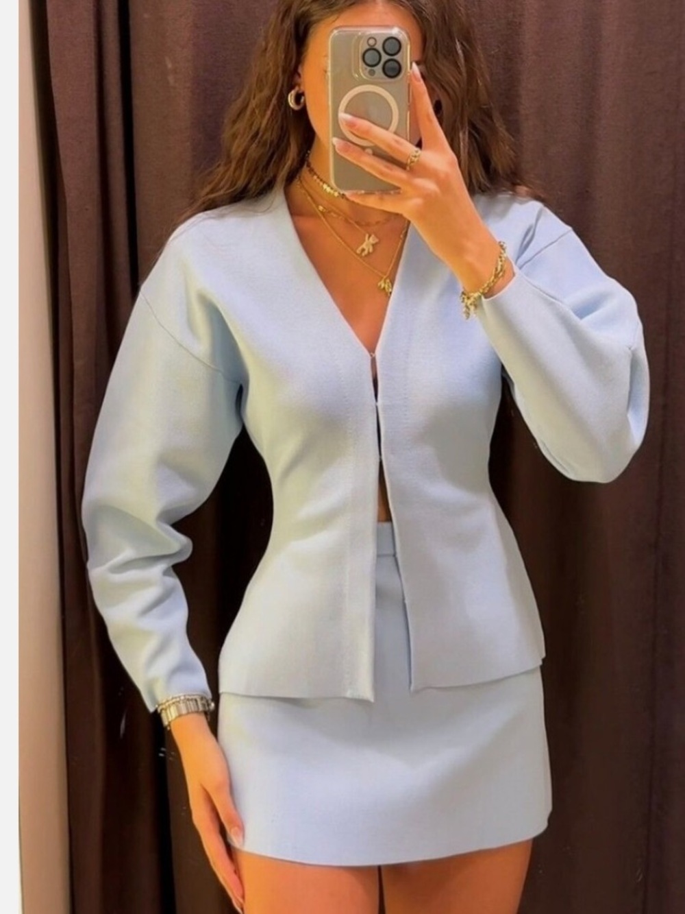 Zara Set Basic Knit Fitted Cardigan and Mini Skirt